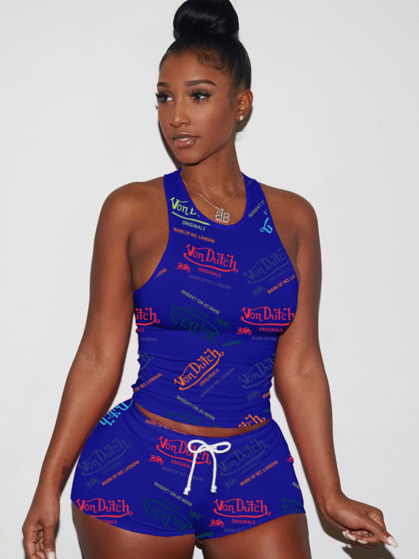 Blue Letter Printed Vest Shorts Sports Two-Piece Set