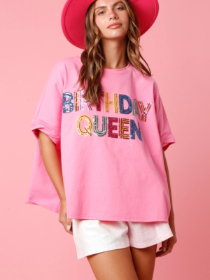 Pink Stylish Birthday Queen Sequined Loose T-Shirt