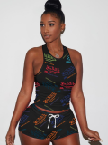 Black Letter Printed Vest Shorts Sports Two-Piece Set