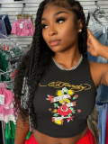Black Sexy Ribbed Print Slim Fit Tank Top