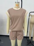 Khak Fashionable Loose Pullover Round Neck Casual Two-piece Set