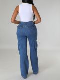 Blue Loose High Waist Wide Leg Ripped Jeans