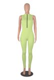 Green Elastic Zipper Women's Jumpsuit