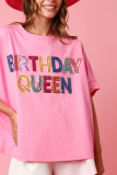 Pink Stylish Birthday Queen Sequined Loose T-Shirt