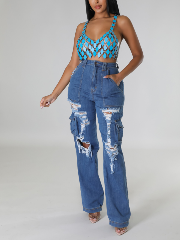 Blue Loose High Waist Wide Leg Ripped Jeans