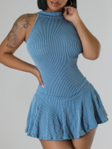Blue Sexy O-Neck Stretch Sleeveless Dress