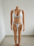 White V-Neck Print Sexy Tight Trendy Suit Swimsuit Two Piece Set