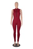 Wine Red Elastic Zipper Women's Jumpsuit