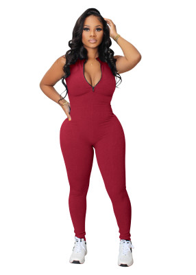 Wine Red Elastic Zipper Women's Jumpsuit