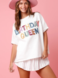 White Stylish Birthday Queen Sequined Loose T-Shirt