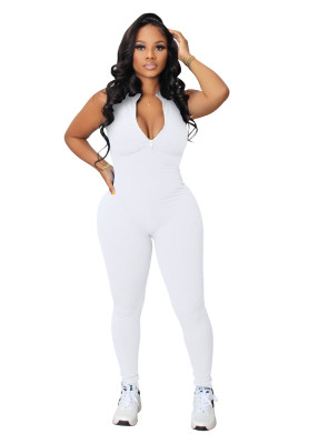 White Elastic Zipper Women's Jumpsuit