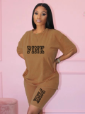 Khaki O-Neck Printed Casual Loose T-Shirt And Shorts Two-Piece Set