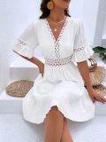 White Fashionable Patchwork Lace V-neck Waist Dress