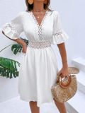 White Fashionable Patchwork Lace V-neck Waist Dress