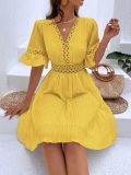 Yellow Fashionable Patchwork Lace V-neck Waist Dress