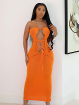 Orange Casual Sexy Lace-Up Hollow Backless Knitted Dress