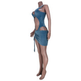 Light Blue Fashion Casual Mink Velvet Sexy Pleated Swimsuit