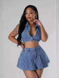 Blue Fashionable And Casual Plaid Washed Denim Skirt Two-Piece Suit