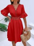 Red Fashionable Patchwork Lace V-neck Waist Dress
