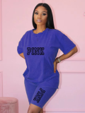 Blue O-Neck Printed Casual Loose T-Shirt And Shorts Two-Piece Set