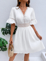 White Fashionable Patchwork Lace V-neck Waist Dress