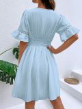 Light Blue Fashionable Patchwork Lace V-neck Waist Dress