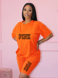 Orange O-Neck Printed Casual Loose T-Shirt And Shorts Two-Piece Set
