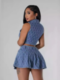 Blue Fashionable And Casual Plaid Washed Denim Skirt Two-Piece Suit