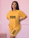 Yellow O-Neck Printed Casual Loose T-Shirt And Shorts Two-Piece Set