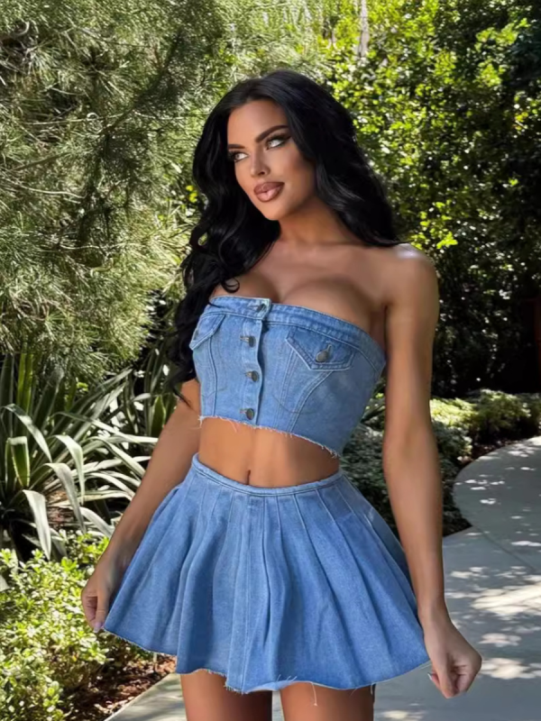 Blue Street Trend Elastic Wrap Chest Button Denim Skirt Two-Piece Set