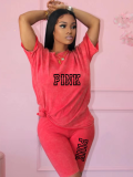 Red O-Neck Printed Casual Loose T-Shirt And Shorts Two-Piece Set