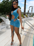 Light Blue Fashion Casual Mink Velvet Sexy Pleated Swimsuit