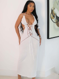 White Casual Sexy Lace-Up Hollow Backless Knitted Dress