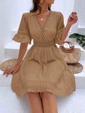 Khak Fashionable Patchwork Lace V-neck Waist Dress