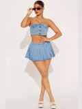 Blue Street Trend Elastic Wrap Chest Button Denim Skirt Two-Piece Set