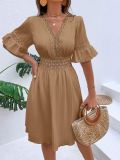 Khak Fashionable Patchwork Lace V-neck Waist Dress