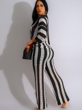 Black V-Neck Hollow Striped Lapel Knitted Wide Pants Two-Piece Set