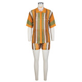 Orange Hollow See-Through Contrasting Lapel Knitted Shorts Two-Piece Set