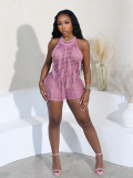Pink Sexy Handmade Fringed Knitted Casual Hollow Jumpsuit