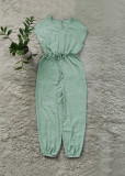 Light Green All-Match V-Neck Solid Color High Waist Casual Jumpsuit