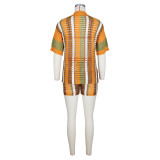Orange Hollow See-Through Contrasting Lapel Knitted Shorts Two-Piece Set