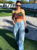 Printed Round Neck Sleeveless Short Belly-Baring Vest