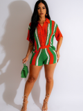 Red Hollow See-Through Contrasting Lapel Knitted Shorts Two-Piece Set