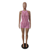 Pink Sexy Handmade Fringed Knitted Casual Hollow Jumpsuit