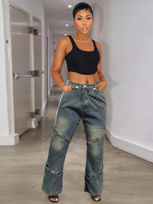 Stylish Ripped Two-way Buttoned Wide-leg Straight Jeans