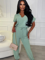 Light Green All-Match V-Neck Solid Color High Waist Casual Jumpsuit