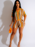 Orange Hollow See-Through Contrasting Lapel Knitted Shorts Two-Piece Set