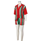 Red Hollow See-Through Contrasting Lapel Knitted Shorts Two-Piece Set