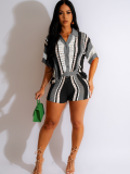 Grey Hollow See-Through Contrasting Lapel Knitted Shorts Two-Piece Set