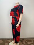 Black Comfortable Casual Personalized Printed Large Size Two-Piece Set